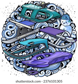 Cartoon cute sledge and snowman doodle children's entertainment illustration. Funny outdoor games artwork.Winter amusement vector background. Hand-drawn, not AI