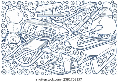 Cartoon cute sledge and snowman doodle hand drawn children's entertainment illustration. Funny outdoor games artwork.Winter amusement line art vector background. Not AI