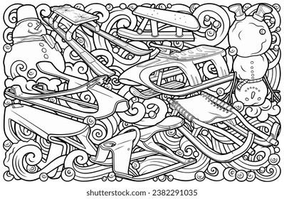 Cartoon cute sledge and snowman doodle hand drawn children's entertainment illustration. Funny outdoor games artwork.Winter amusement line art vector background. Not AI