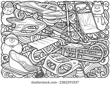 Cartoon cute sledge and snowman doodle hand drawn children's entertainment illustration. Funny outdoor games artwork.Winter amusement line art vector background. Not AI