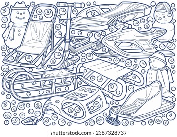 Cartoon cute sledge and snowman doodle hand drawn children's entertainment illustration. Funny outdoor games artwork.Winter amusement line art vector background. Not AI