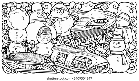 Cartoon cute sledge and snowman doodle hand drawn children's entertainment illustration. Funny outdoor games artwork.Winter amusement line art vector background. Not AI