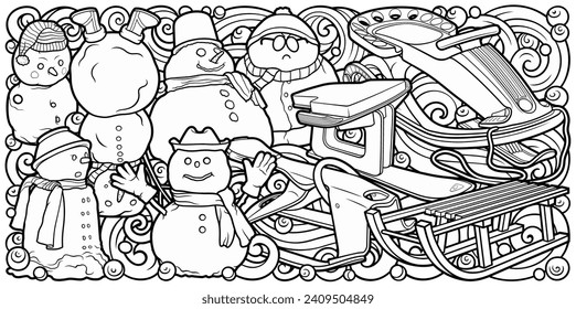 Cartoon cute sledge and snowman doodle hand drawn children's entertainment illustration. Funny outdoor games artwork.Winter amusement line art vector background. Not AI