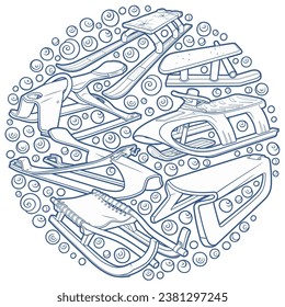 Cartoon cute sledges doodle children's entertainment illustration. Funny outdoor games artwork.Winter amusement vector background. Hand-drawn, not AI