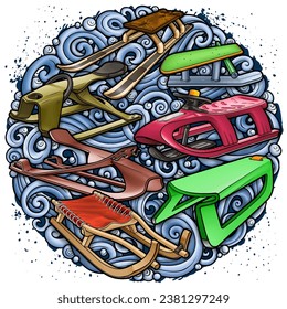 Cartoon cute sledges doodle children's entertainment illustration. Funny outdoor games artwork.Winter amusement vector background. Hand-drawn, not AI