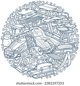Cartoon cute sledges doodle children's entertainment illustration. Funny outdoor games artwork.Winter amusement vector background. Hand-drawn, not AI