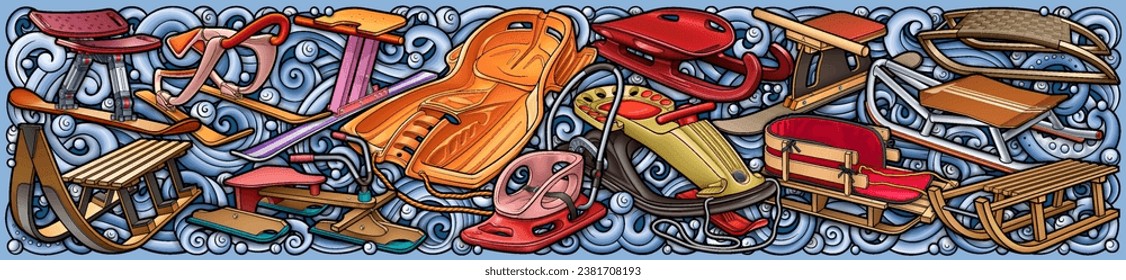 Cartoon cute sledges doodle children's entertainment illustration. Funny outdoor games artwork.Winter amusement vector background. Hand-drawn, not AI