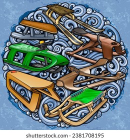 Cartoon cute sledges doodle children's entertainment illustration. Funny outdoor games artwork.Winter amusement vector background. Hand-drawn, not AI
