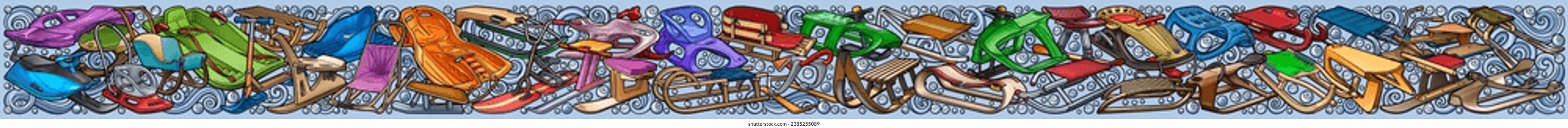 Cartoon cute sledges doodle children's entertainment banner. Funny outdoor games artwork.Winter amusement vector background. Hand-drawn, not AI