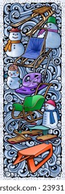 Cartoon cute sledges doodle children's entertainment vertical  banner. Funny outdoor games artwork.Winter amusement vector background. Hand-drawn, not AI