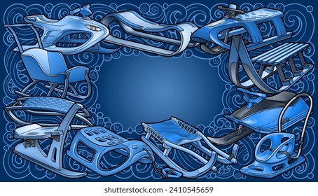 Cartoon cute sledges doodle children's entertainment illustration. Funny outdoor games frame.Winter amusement vector background. Hand-drawn, not AI