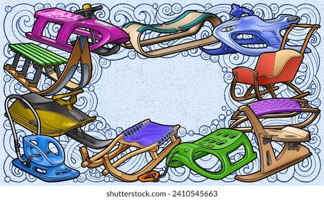 Cartoon cute sledges doodle children's entertainment illustration. Funny outdoor games frame.Winter amusement vector background. Hand-drawn, not AI