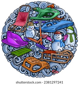 Cartoon cute sledges and snowman doodle children's entertainment illustration. Funny outdoor games artwork.Winter amusement vector background. Hand-drawn, not AI