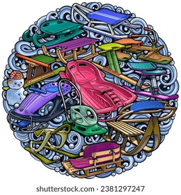 Cartoon cute sledges and snowman doodle children's entertainment illustration. Funny outdoor games artwork.Winter amusement vector background. Hand-drawn, not AI