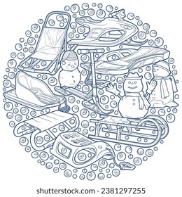 Cartoon cute sledges and snowman doodle children's entertainment illustration. Funny outdoor games artwork.Winter amusement vector background. Hand-drawn, not AI
