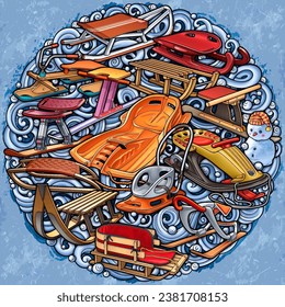 Cartoon cute sledges and snowman doodle children's entertainment illustration. Funny outdoor games artwork.Winter amusement vector background. Hand-drawn, not AI