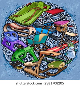 Cartoon cute sledges and snowman doodle children's entertainment illustration. Funny outdoor games artwork.Winter amusement vector background. Hand-drawn, not AI