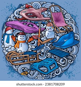 Cartoon cute sledges and snowman doodle children's entertainment illustration. Funny outdoor games artwork.Winter amusement vector background. Hand-drawn, not AI