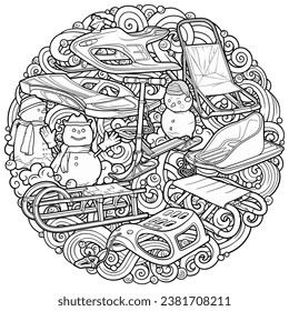 Cartoon cute sledges and snowman doodle children's entertainment illustration. Funny outdoor games artwork.Winter amusement vector background. Hand-drawn, not AI
