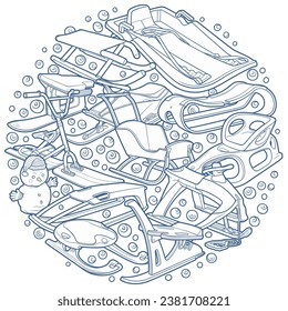 Cartoon cute sledges and snowman doodle children's entertainment illustration. Funny outdoor games artwork.Winter amusement vector background. Hand-drawn, not AI