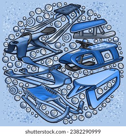 Cartoon cute sledges and snowman doodle children's entertainment illustration. Funny outdoor games artwork.Winter amusement vector background. Hand-drawn, not AI