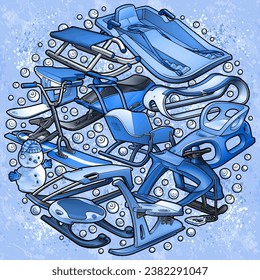 Cartoon cute sledges and snowman doodle children's entertainment illustration. Funny outdoor games artwork.Winter amusement vector background. Hand-drawn, not AI