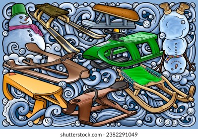 Cartoon cute sledges and snowman doodle children's entertainment illustration. Funny outdoor games artwork.Winter amusement vector background. Hand-drawn, not AI