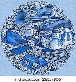 Cartoon cute sledges and snowman doodle children's entertainment illustration. Funny outdoor games artwork.Winter amusement vector background. Hand-drawn, not AI