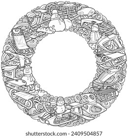 Cartoon cute sledges and snowman doodle children's entertainment round illustration. Funny outdoor games frame.Winter amusement vector artwork. Hand-drawn, not AI
