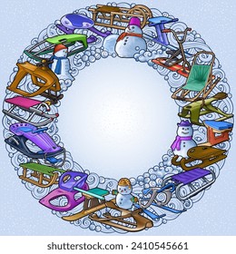 Cartoon cute sledges and snowman doodle children's entertainment round illustration. Funny outdoor games frame.Winter amusement vector artwork. Hand-drawn, not AI