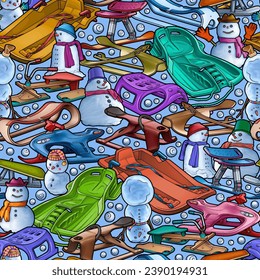Cartoon cute sledges and snowmans doodle children's entertainment seamless pattern. Funny outdoor games artwork.Winter amusement vector background. Hand-drawn, not AI