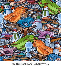 Cartoon cute sledges and snowmans doodle children's entertainment seamless pattern. Funny outdoor games artwork.Winter amusement vector background. Hand-drawn, not AI