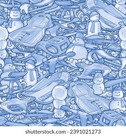 Cartoon cute sledges and snowmans doodle children's entertainment seamless pattern. Funny outdoor games artwork.Winter line art amusement vector background. Hand-drawn, not AI