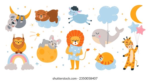 Caricatura adorables animales durmientes. Los animales del bosque duermen en la luna y las nubes. Caracteres salvajes divertidos soñando, ballena, oso y un conjunto de vectores con clase de león