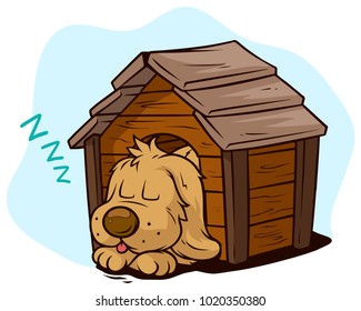 Cartoon cute sleeping dog showing tongue in wooden kennel. Vector icon.