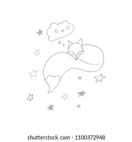 Cartoon Cute sleeping hand drawn doodle fox with stars nursery poster in Scandinavian monochrome style