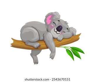 Cartoon cute sleeping koala bear character. Australia jungle fauna bear comical isolated cartoon vector character, zoo mammal animal childish mascot or koala cute personage sleeping on eucalyptus