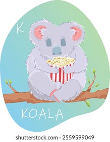 Cartoon cute sleeping koala.Smiling cute cartoon koala sleeping on the tree.Australian bird in a simple style.Cartoon koala on a tree vector illustration.