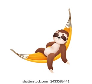 Cartoon cute sleeping lazy sloth character napping in hammock, vector funny personage for kids. Happy sleepy sloth or jungle bear sleeps or snooze with bedtime dreams in hanging hammock