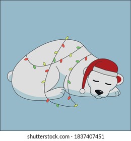 Cartoon cute sleeping polar bear and holiday lights