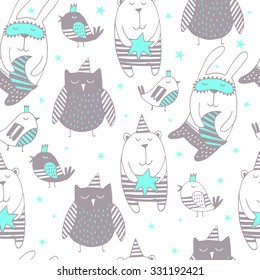 Cartoon cute sleepy animals. Good Night background.Seamless background.