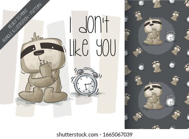 cartoon cute sloth with alarm clock seamless pattern