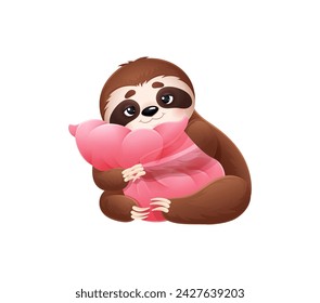 Cartoon cute sloth character hugging the pillow. Isolated vector relaxed, funny, tropical animal personage prepare to sleep, embodying tranquility, leisure and essence of relaxed unhurried contentment