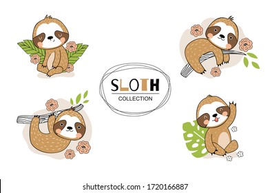 Cartoon cute sloth characters sticker collection. Jungle animals.Hand drawn kids illustration. Surface design.