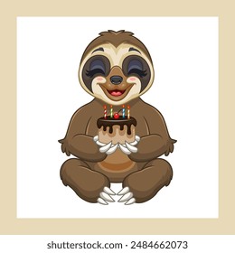 Cartoon cute sloth holding a birthday cake