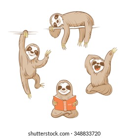 Cartoon cute  sloths set. Four animals. Vector image.