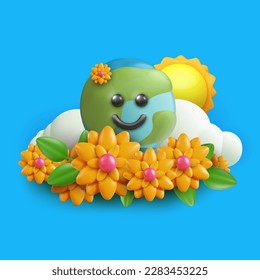 Cartoon cute smile earth planet character with flowers, clouds and sun in 3d realistic minimal style. Bright funny vector illustration. Vivid design composition for cover, toy, card, poster.