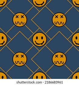 Cartoon cute smile face luxury.square yellow and blue background.pattern seamless vector and illustration.