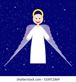 Cartoon cute smiling angel with yellow nimbus, long purple wings and white clothes on blue stars night glowing background, vector illustration