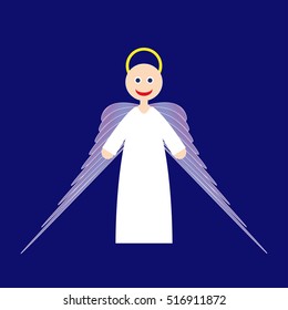 Cartoon cute smiling angel with yellow nimbus, long purple wings and white clothes on blue background, vector illustration